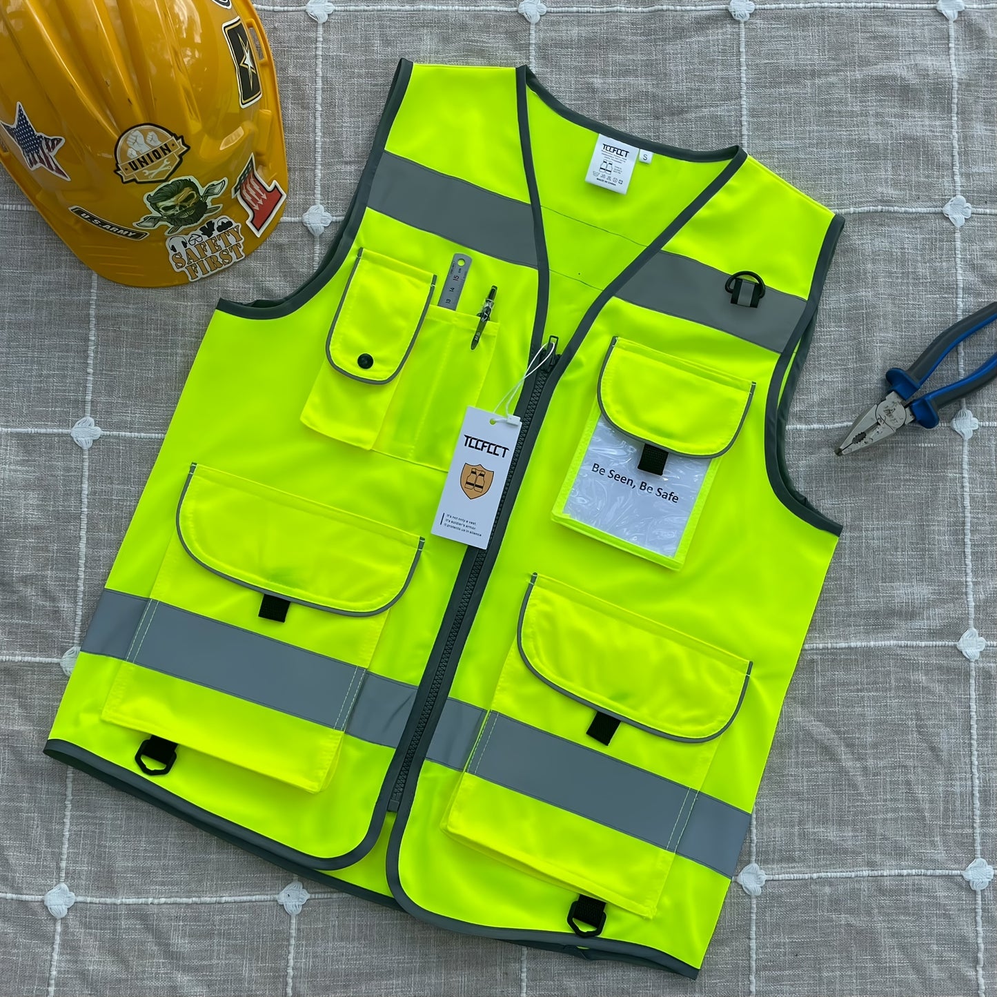 High Visibility Safety Vest with 9 Pockets for Men and Women - Premium 120g Fabric with Reinforced Sewing - Ideal for Construction, Surveyors, Drivers, and Warehouse Workers - Meets ANSI/ISEA Standards - Yellow