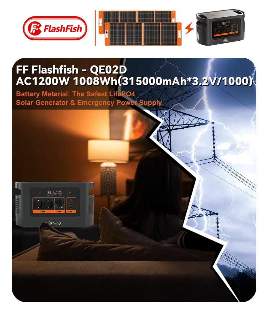 FF Flashfish QE02D Lifepo4 1008Wh Rechargeable Portable Power Station 1200W 315000mAh Solar Generator UPS AC Wireless Battery