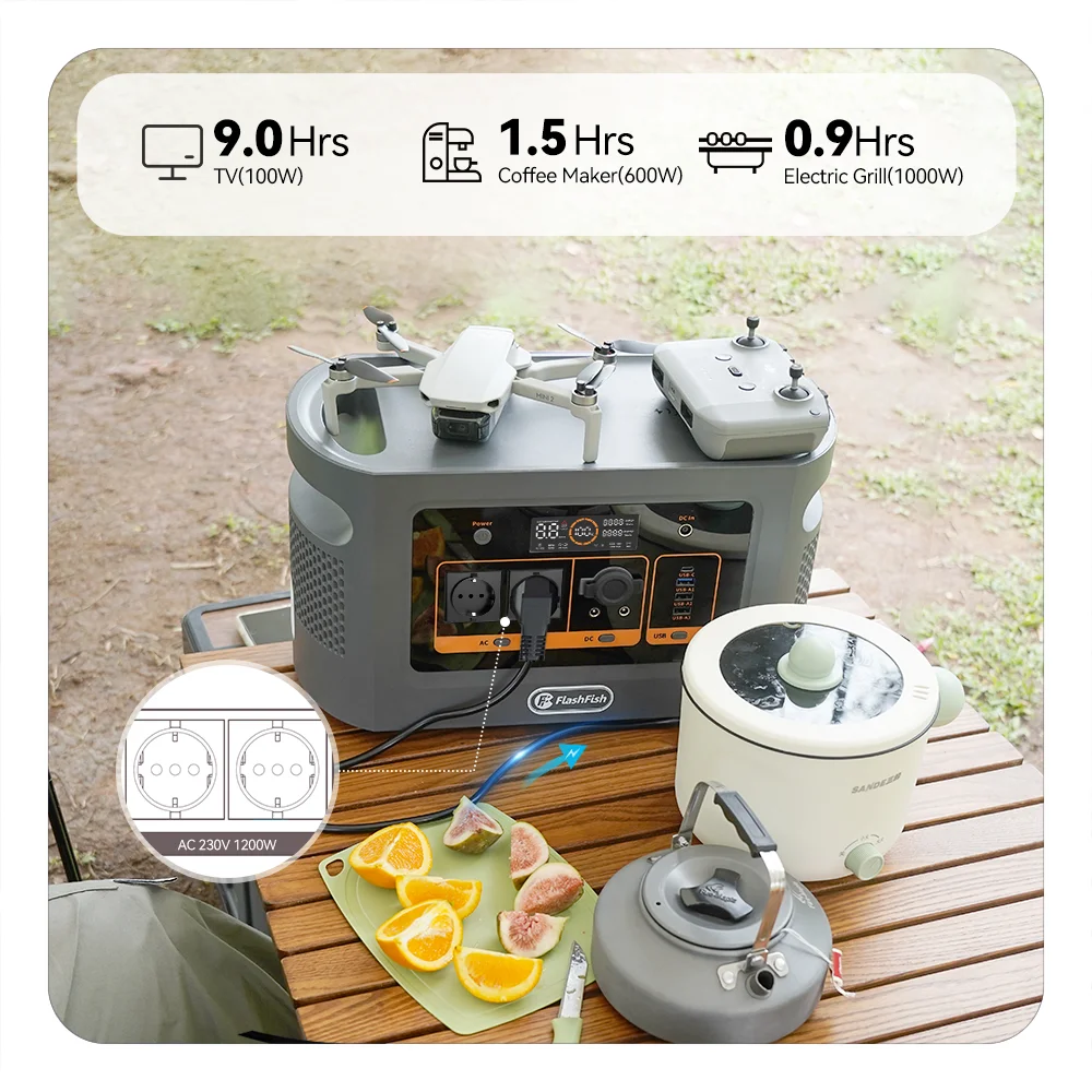FF Flashfish QE02D Lifepo4 1008Wh Rechargeable Portable Power Station 1200W 315000mAh Solar Generator UPS AC Wireless Battery
