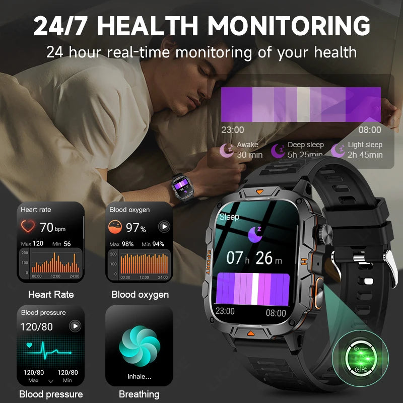 LIGE LED Flashlight Military Smartwatch For Men Bluetooth Call Voice Assistant Watches Heart Rate Monitor Multiple Sports Watch