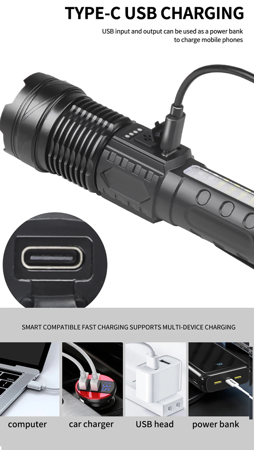 Powerful XHP50 LED Flashlight Waterproof 18650 Torch With Side Light 7 Modes Camping Fishing Lantern USB Rechargeable Zoom Lamp