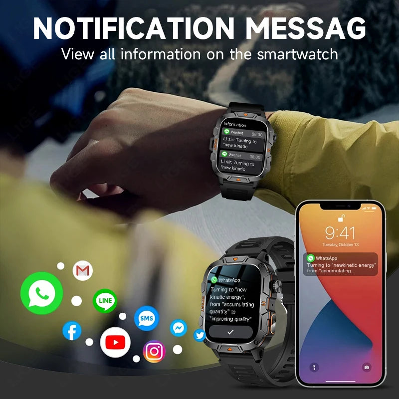 LIGE LED Flashlight Military Smartwatch For Men Bluetooth Call Voice Assistant Watches Heart Rate Monitor Multiple Sports Watch