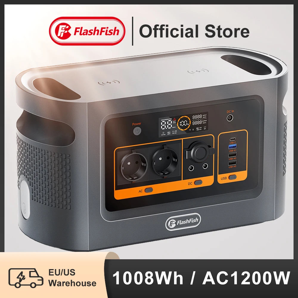 FF Flashfish QE02D Lifepo4 1008Wh Rechargeable Portable Power Station 1200W 315000mAh Solar Generator UPS AC Wireless Battery