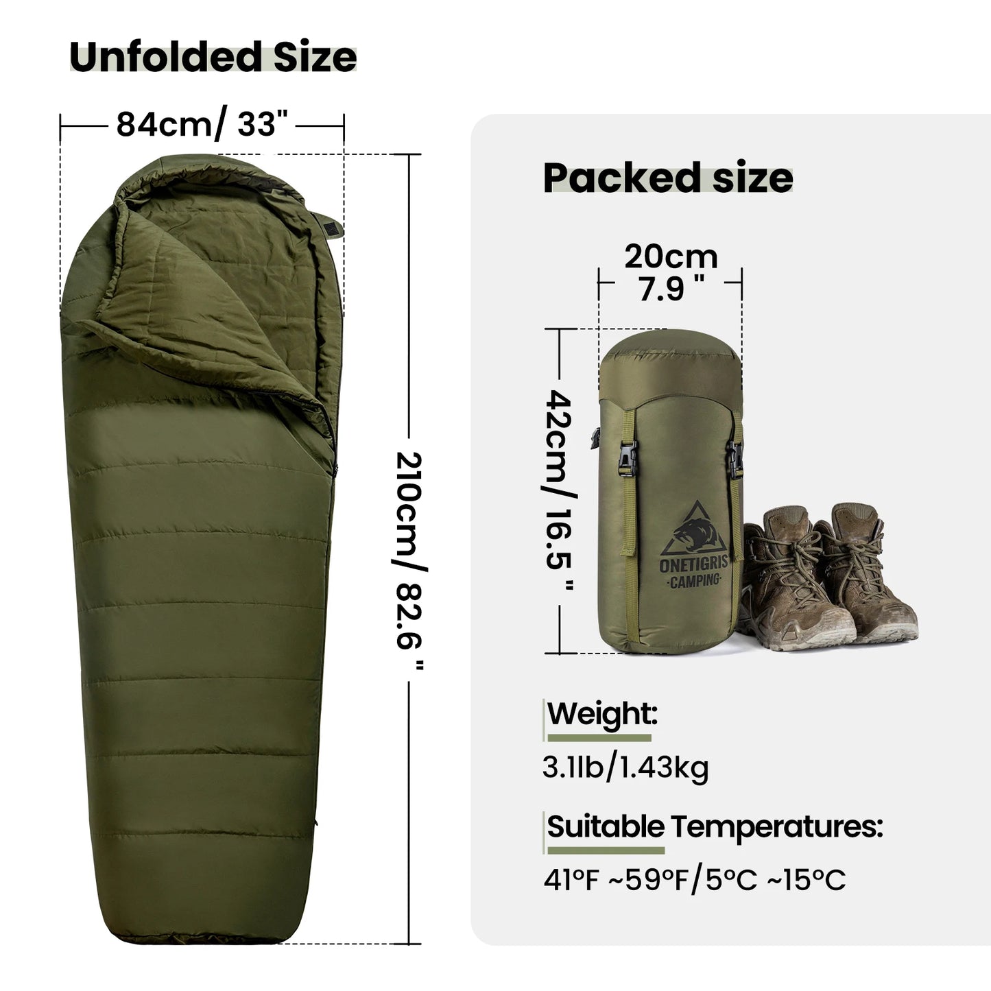 OneTigris 3-season 1-person Outdoor Sleeping Bag Tactical Styled Mummy Sleeping Bag for Camping Bushcrafting Backpacking Hiking
