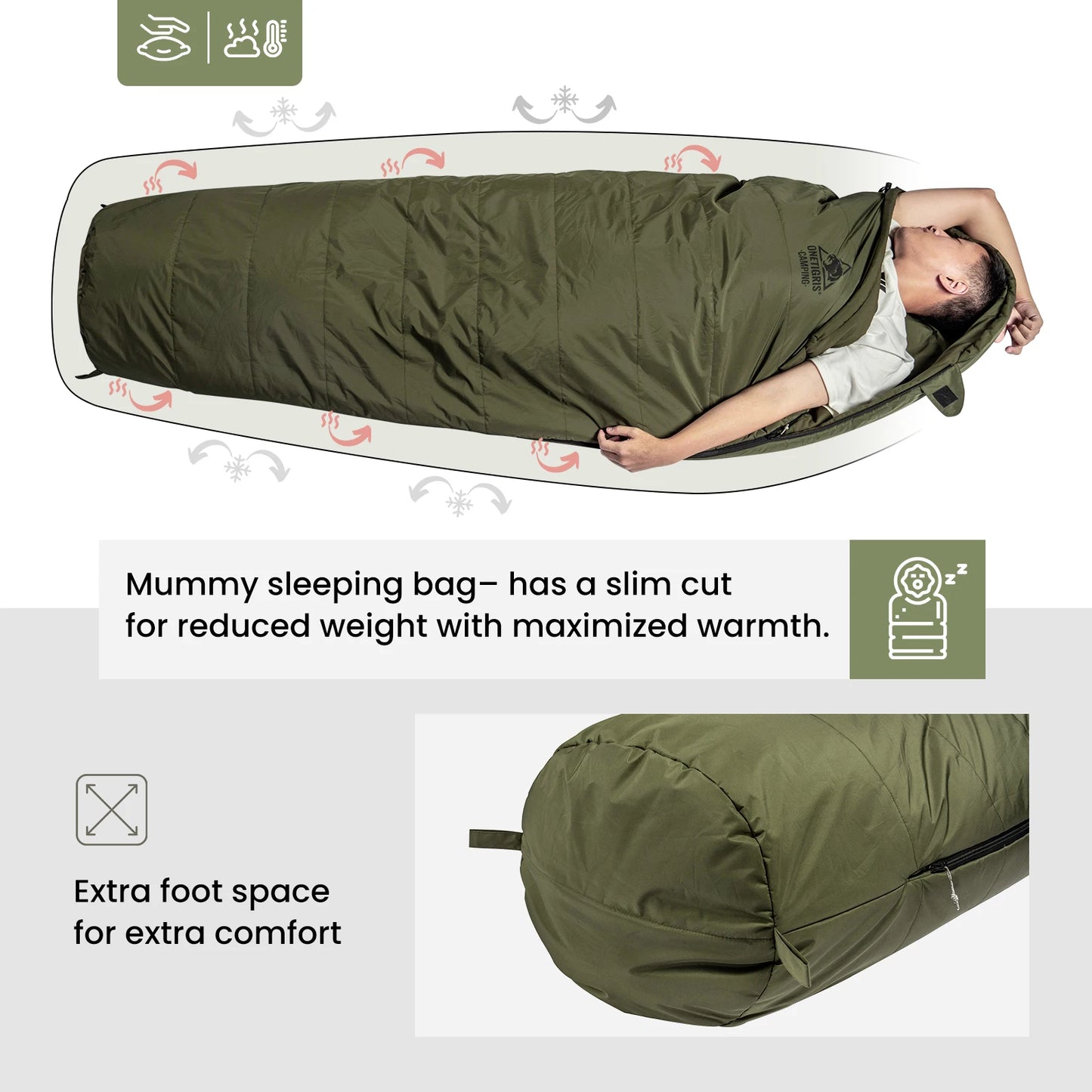 OneTigris 3-season 1-person Outdoor Sleeping Bag Tactical Styled Mummy Sleeping Bag for Camping Bushcrafting Backpacking Hiking