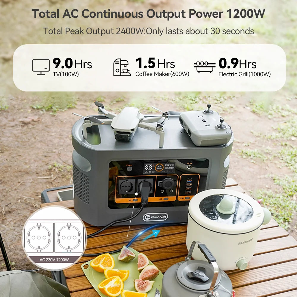 FF Flashfish QE02D Lifepo4 1008Wh Rechargeable Portable Power Station 1200W 315000mAh Solar Generator UPS AC Wireless Battery
