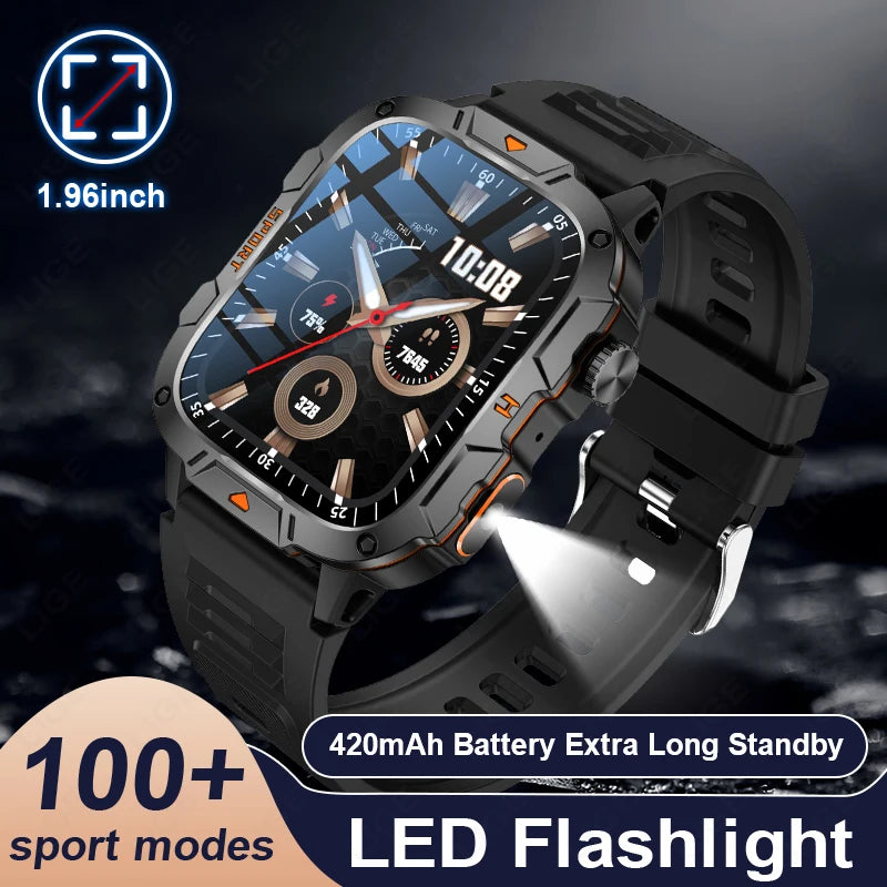 LIGE LED Flashlight Military Smartwatch For Men Bluetooth Call Voice Assistant Watches Heart Rate Monitor Multiple Sports Watch