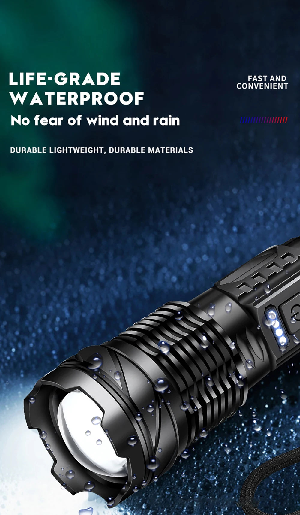 Powerful XHP50 LED Flashlight Waterproof 18650 Torch With Side Light 7 Modes Camping Fishing Lantern USB Rechargeable Zoom Lamp