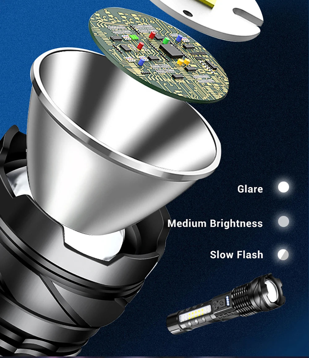 Powerful XHP50 LED Flashlight Waterproof 18650 Torch With Side Light 7 Modes Camping Fishing Lantern USB Rechargeable Zoom Lamp