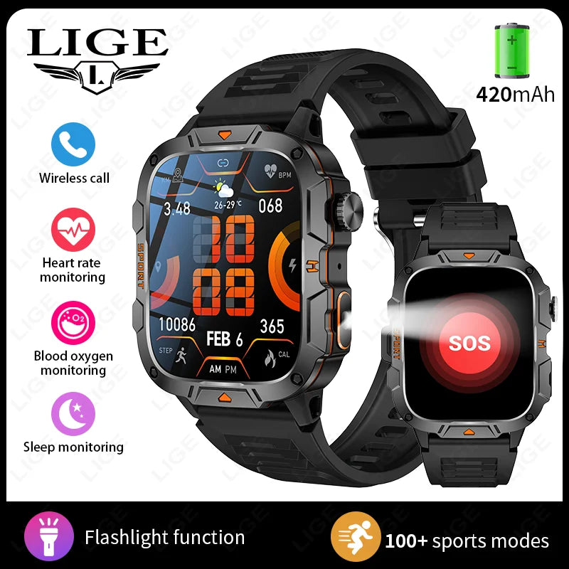 LIGE LED Flashlight Military Smartwatch For Men Bluetooth Call Voice Assistant Watches Heart Rate Monitor Multiple Sports Watch