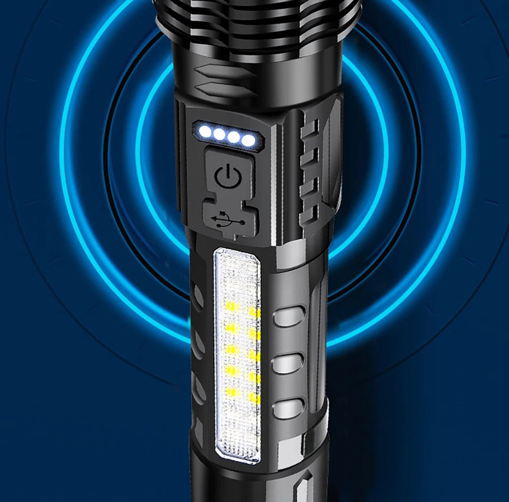 Powerful XHP50 LED Flashlight Waterproof 18650 Torch With Side Light 7 Modes Camping Fishing Lantern USB Rechargeable Zoom Lamp