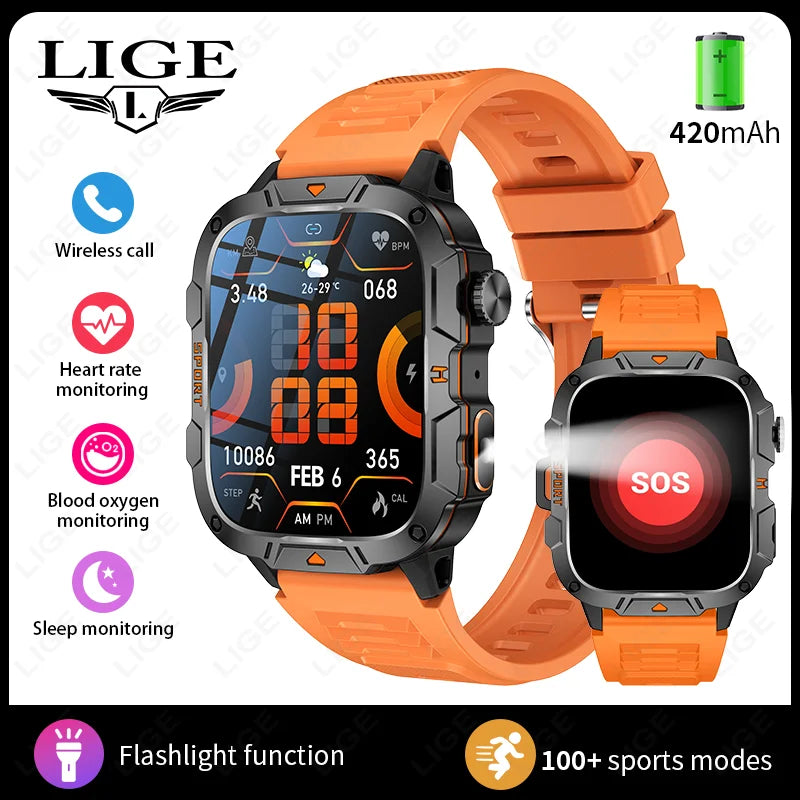 LIGE LED Flashlight Military Smartwatch For Men Bluetooth Call Voice Assistant Watches Heart Rate Monitor Multiple Sports Watch