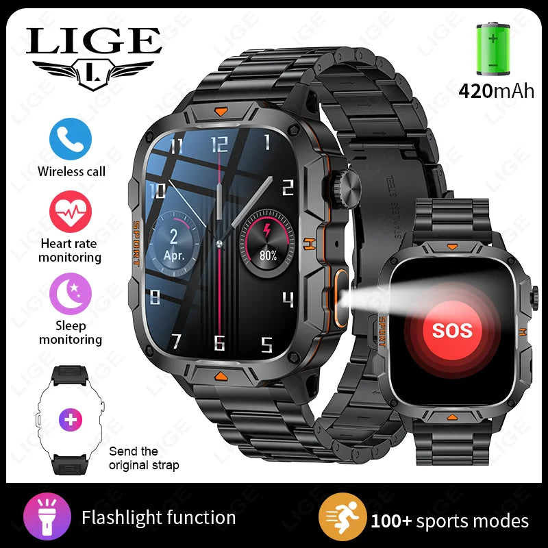 LIGE LED Flashlight Military Smartwatch For Men Bluetooth Call Voice Assistant Watches Heart Rate Monitor Multiple Sports Watch