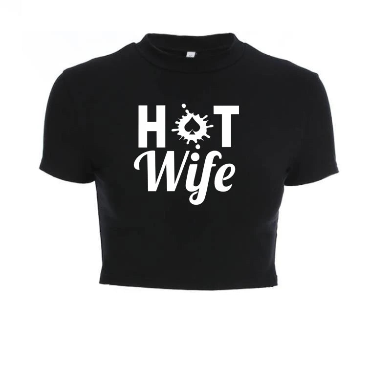 Funny HOT WIFE Cute Crop Tops Summer Women Black Hot Short T-Shirts Sexy Short Sleeve Bandage Tee Female Shirts Gilrs Clothes
