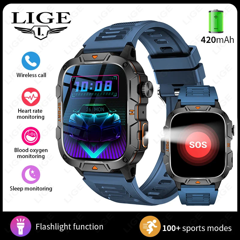 LIGE LED Flashlight Military Smartwatch For Men Bluetooth Call Voice Assistant Watches Heart Rate Monitor Multiple Sports Watch