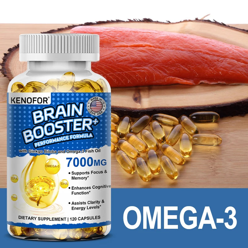 Brain Booster - with Ginkgo Biloba, Omega 3 Fish Oil DHA & EPA - for Enhanced Brain Function and Cardiovascular Health Support