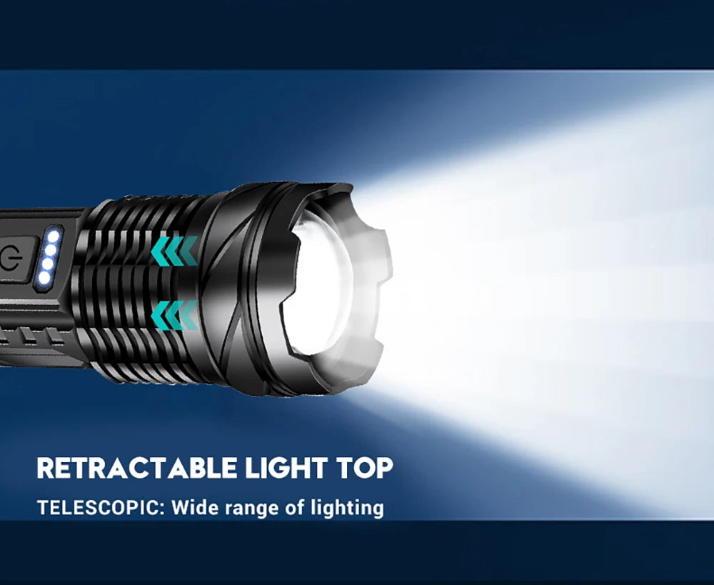 Powerful XHP50 LED Flashlight Waterproof 18650 Torch With Side Light 7 Modes Camping Fishing Lantern USB Rechargeable Zoom Lamp