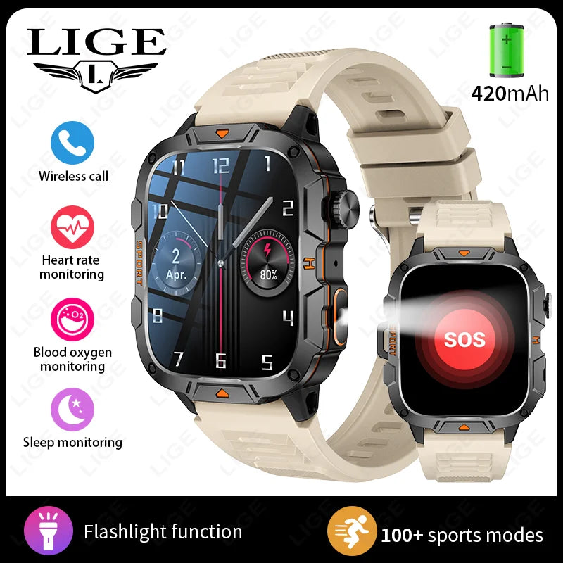 LIGE LED Flashlight Military Smartwatch For Men Bluetooth Call Voice Assistant Watches Heart Rate Monitor Multiple Sports Watch
