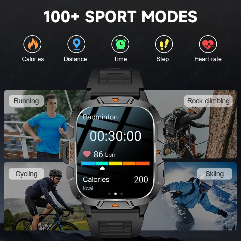 LIGE LED Flashlight Military Smartwatch For Men Bluetooth Call Voice Assistant Watches Heart Rate Monitor Multiple Sports Watch