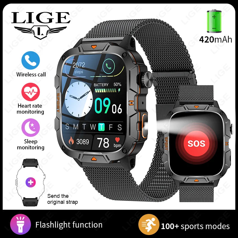 LIGE LED Flashlight Military Smartwatch For Men Bluetooth Call Voice Assistant Watches Heart Rate Monitor Multiple Sports Watch