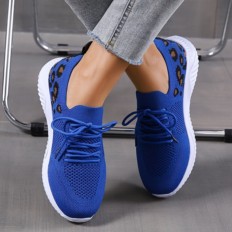 Women's Casual Sneakers - Flying Woven Leopard Pattern Breathable Lace-up Running Shoes - Plus Size - For Women - Suitable for Casual Wear, Running & Sports - Perfect Gift for Fashionable Women