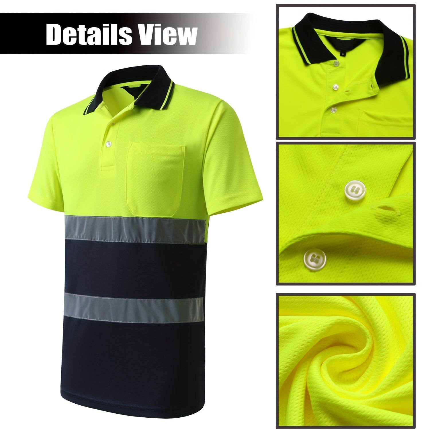 1pc Men's High Visibility Contrast Safety Polo Shirt Reflective For Men, Short Sleeve Yellow Navy Construction Work Shirts, Reflective Hi Vis Safety Polo Shirt Reflective Workwear - CK Outdoors and More