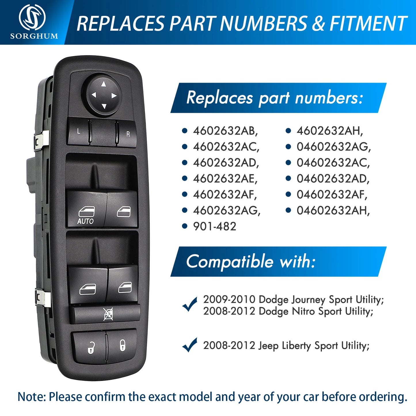 Master Power Window Switch Compatible with 4602632AH 2008-2012 Liberty Nitro 2009 2010 Journey, Replaces4602632AG 4602632AF AD