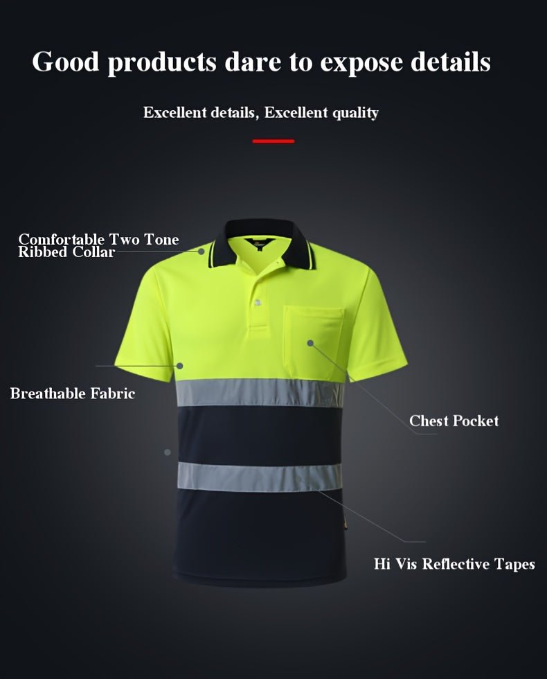 1pc Men's High Visibility Contrast Safety Polo Shirt Reflective For Men, Short Sleeve Yellow Navy Construction Work Shirts, Reflective Hi Vis Safety Polo Shirt Reflective Workwear - CK Outdoors and More